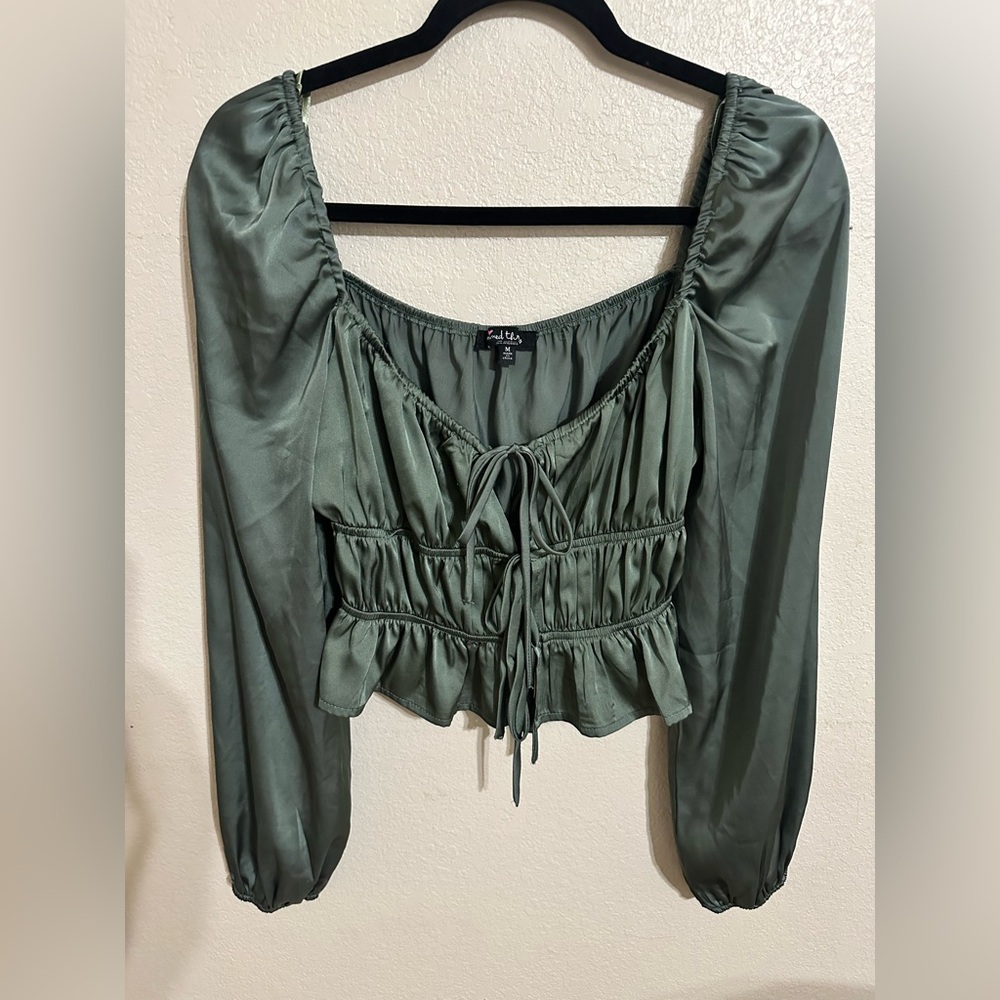 Mixed Threads Tie Front Square Neck Hunter Green Peasant Crop Blouse - Picture 6 of 13